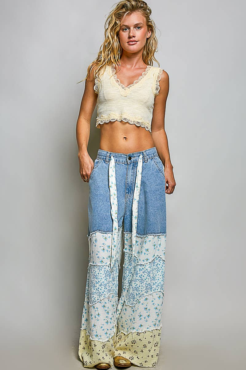 Patchwork buckle back pants