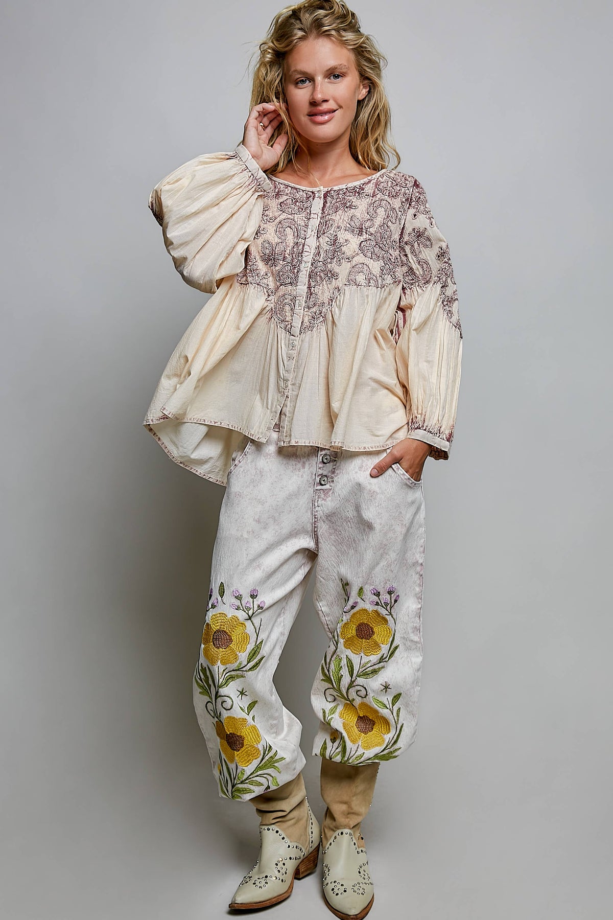3/4 Sleeve Vintage Embroidered Top