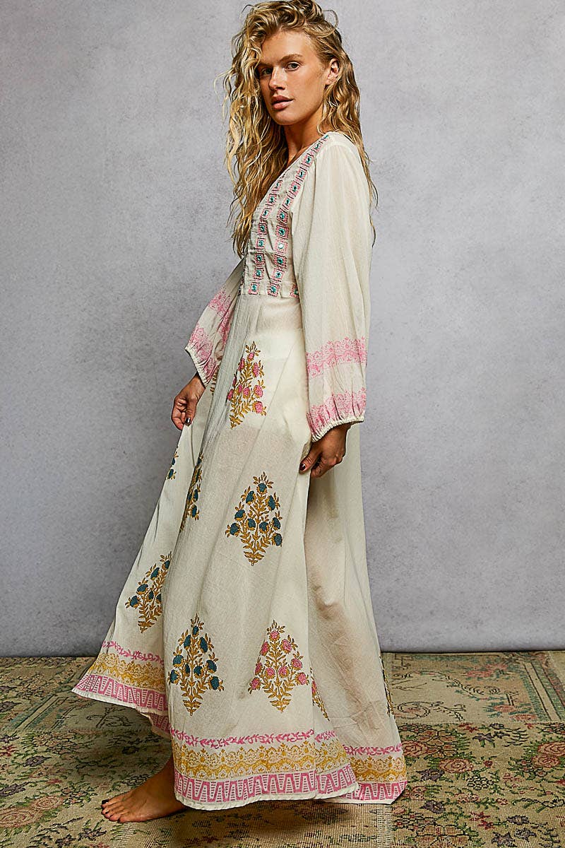 Embroidered Balloon Sleeve Maxi Dress