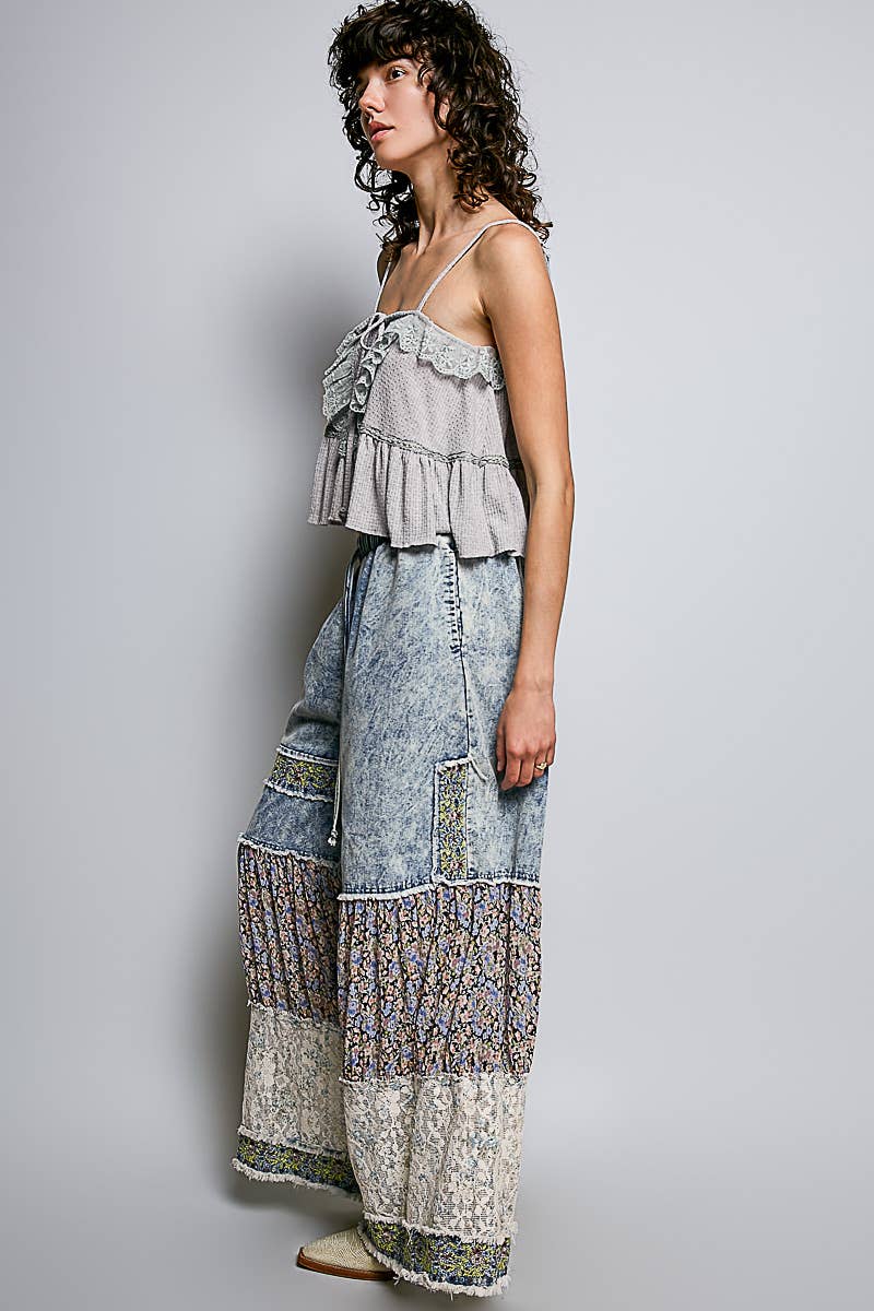 Floral Embroidered Ruffle Pants