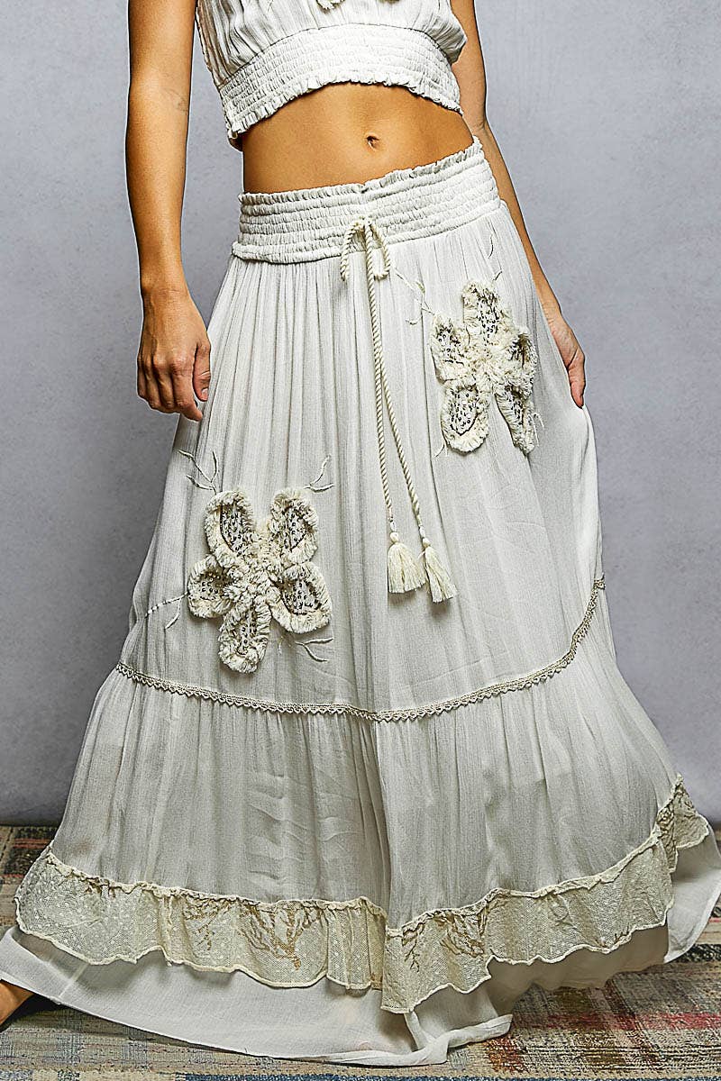 Smocked Waist Ruffle Embroidery Maxi Skirt