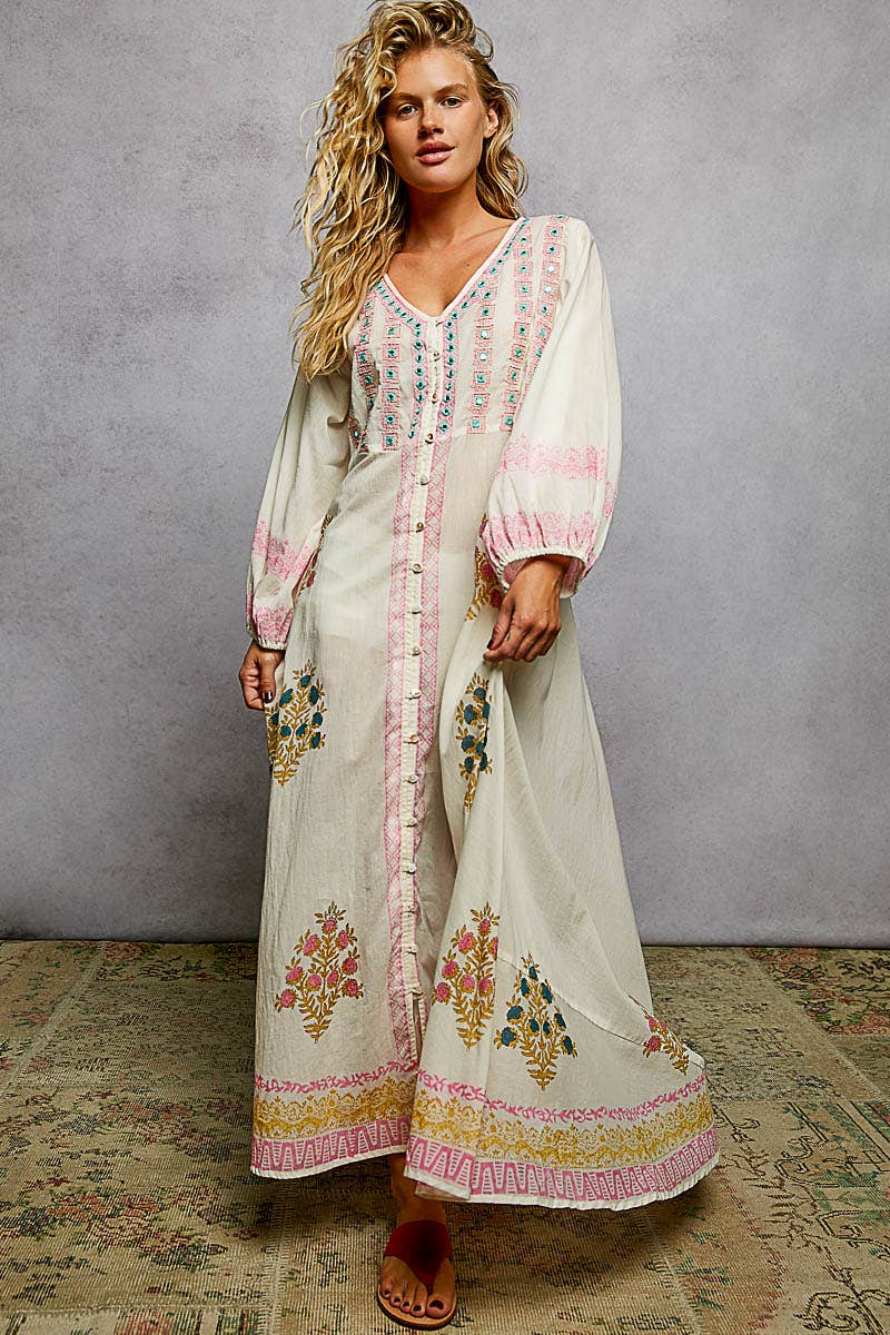 Embroidered Balloon Sleeve Maxi Dress