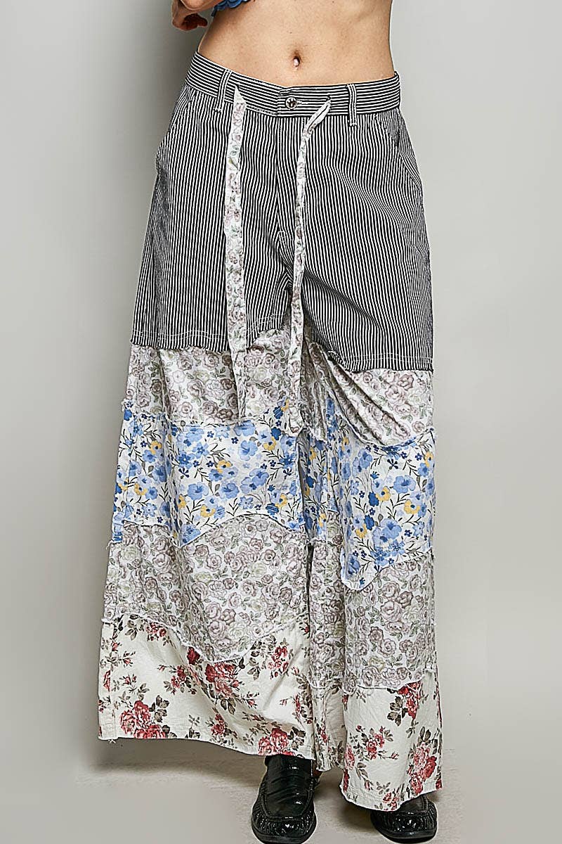 Patchwork buckle back pants