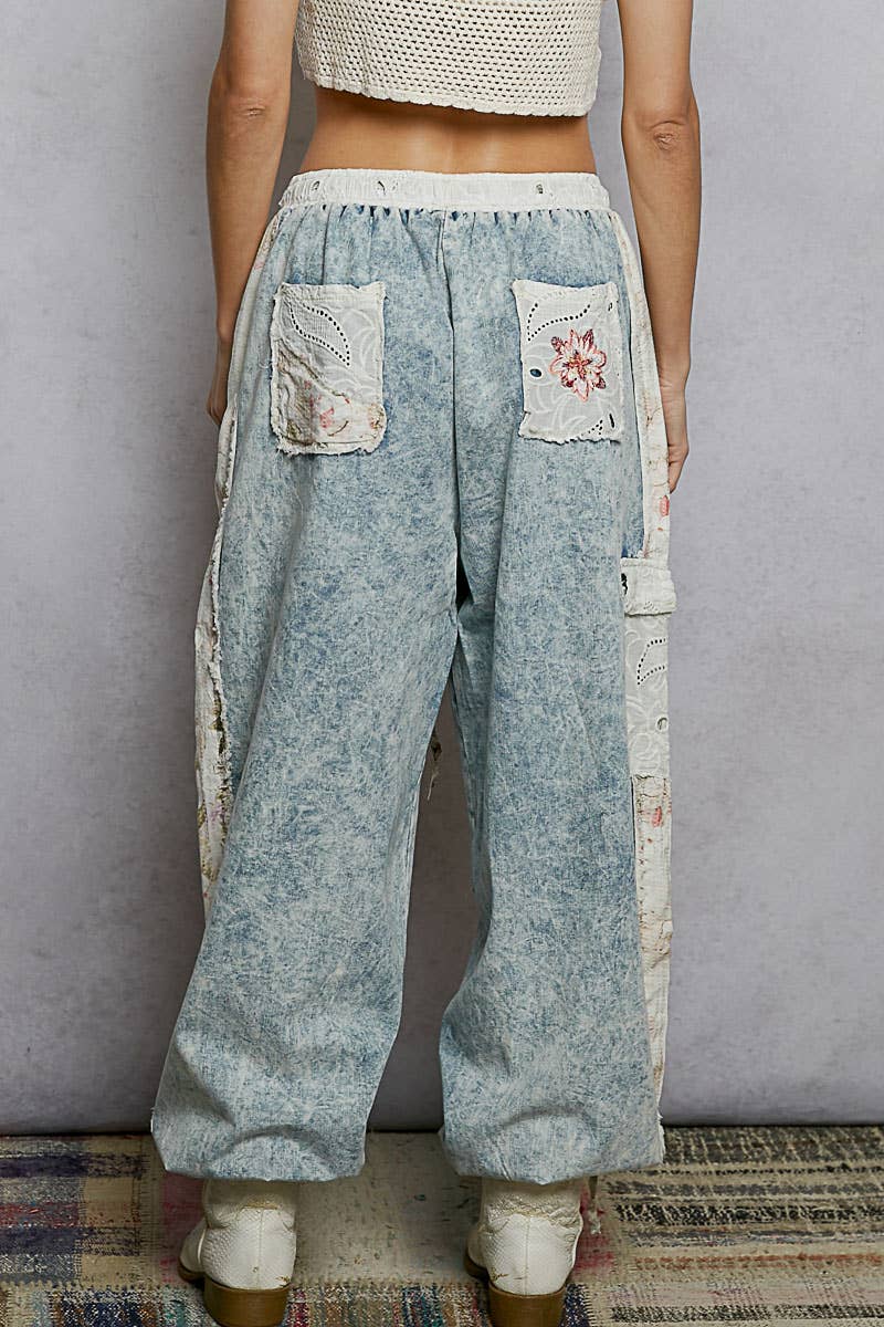 Floral Embroidery Denim Jogger Pants
