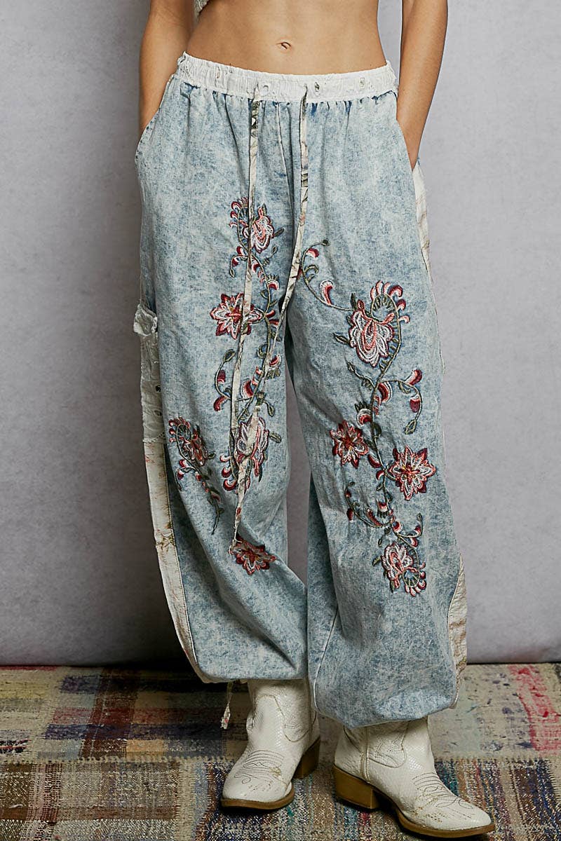 Floral Embroidery Denim Jogger Pants