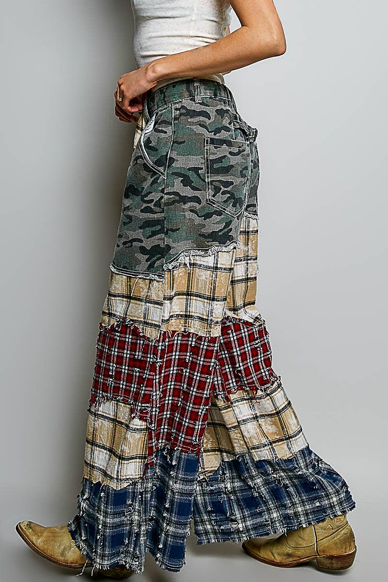 Patchwork buckle back pants