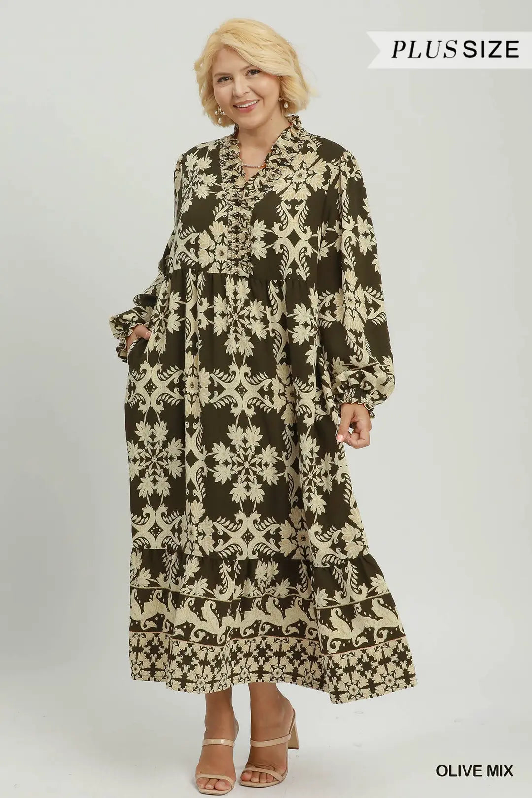 Border Print Ruffle Maxi Dress