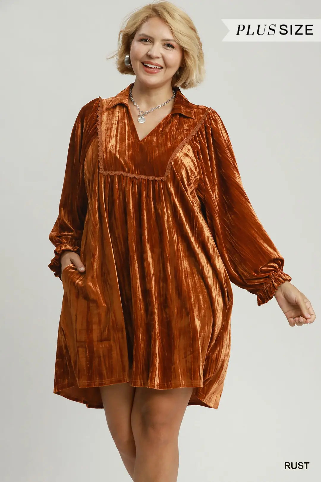 Velvet Babydoll Mini Dress with Lace Trim