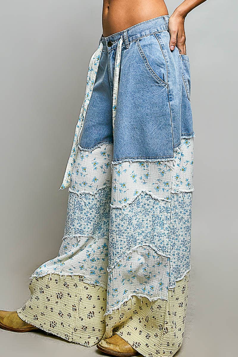 Patchwork buckle back pants