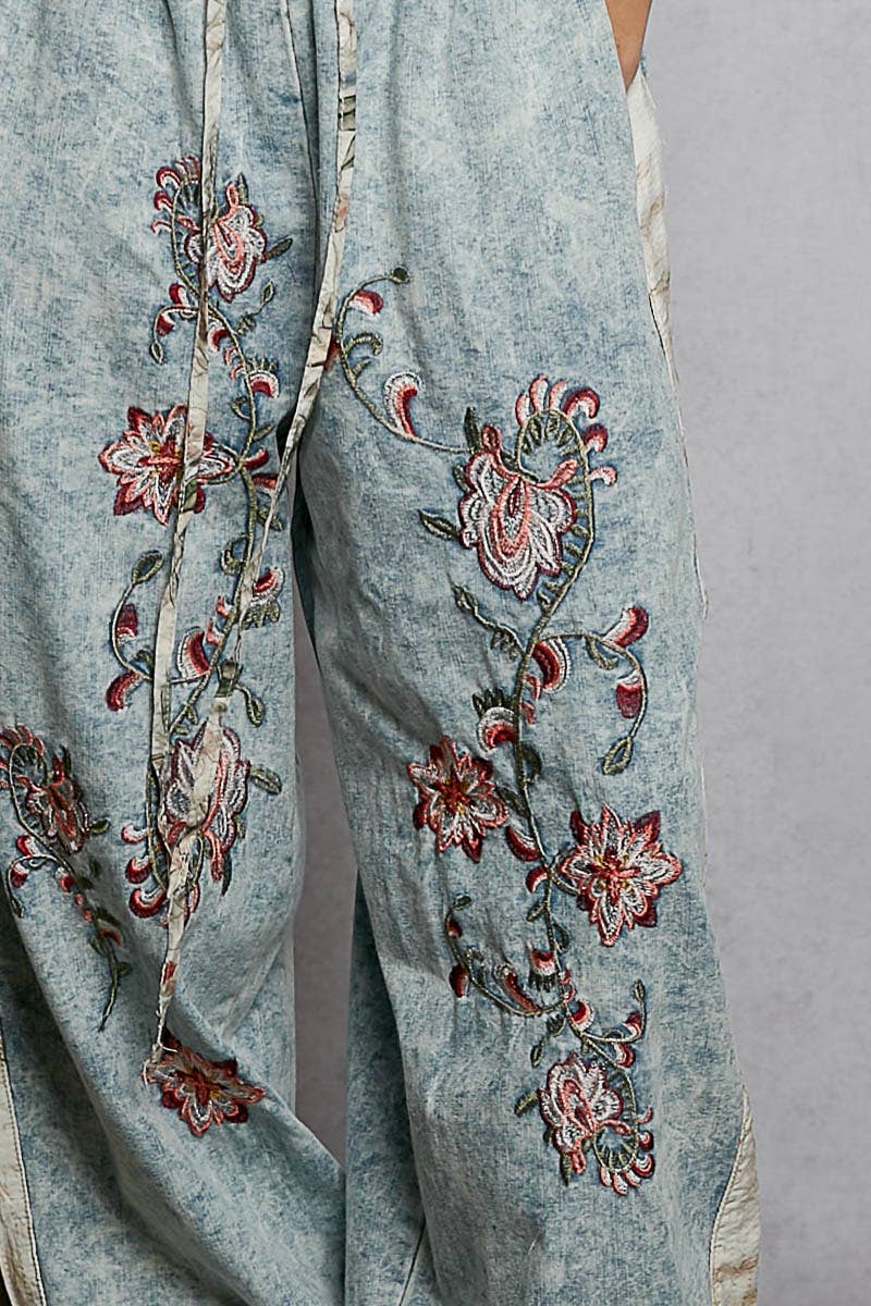 Floral Embroidery Denim Jogger Pants
