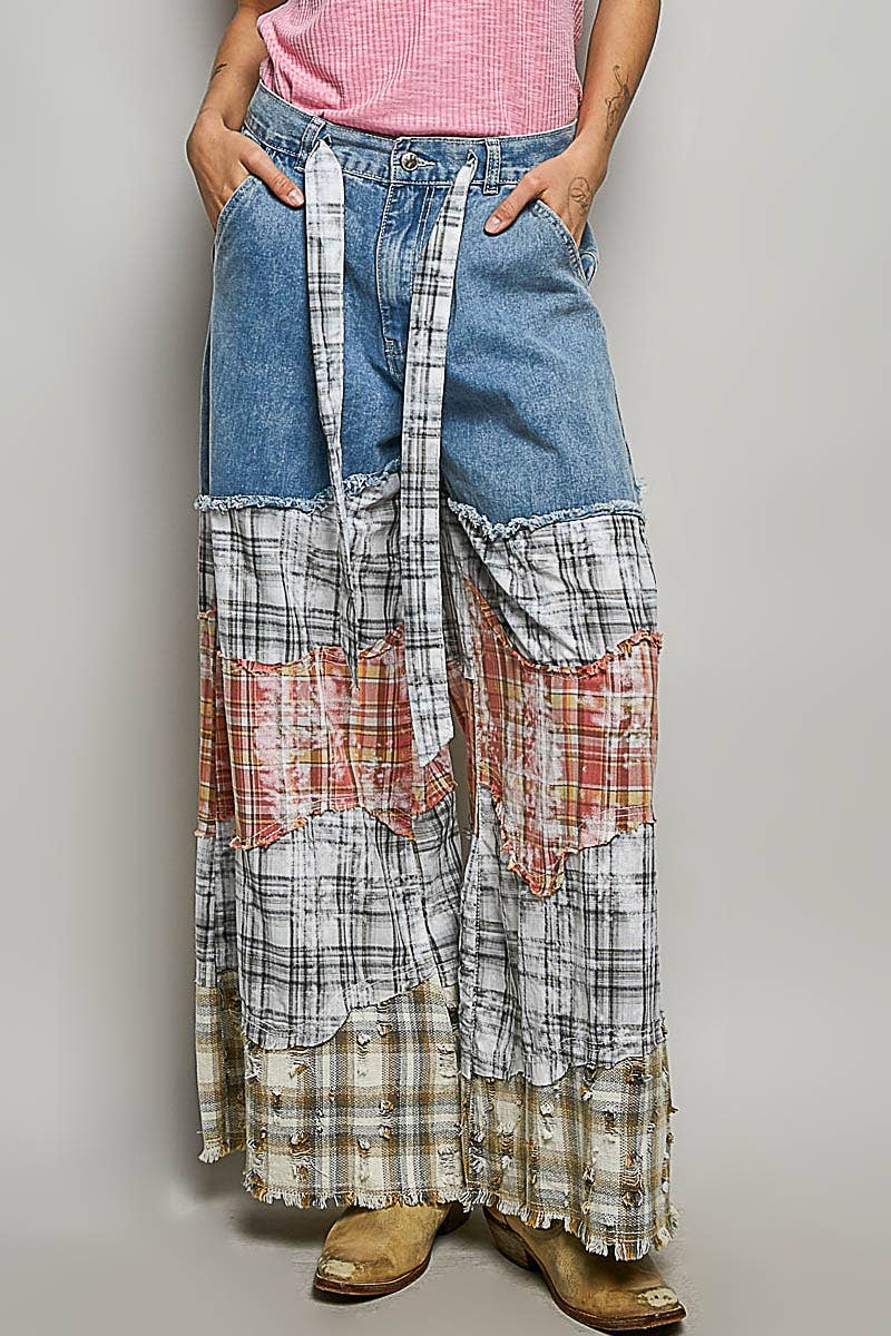 Patchwork buckle back pants