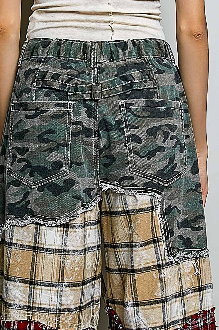 Patchwork buckle back pants