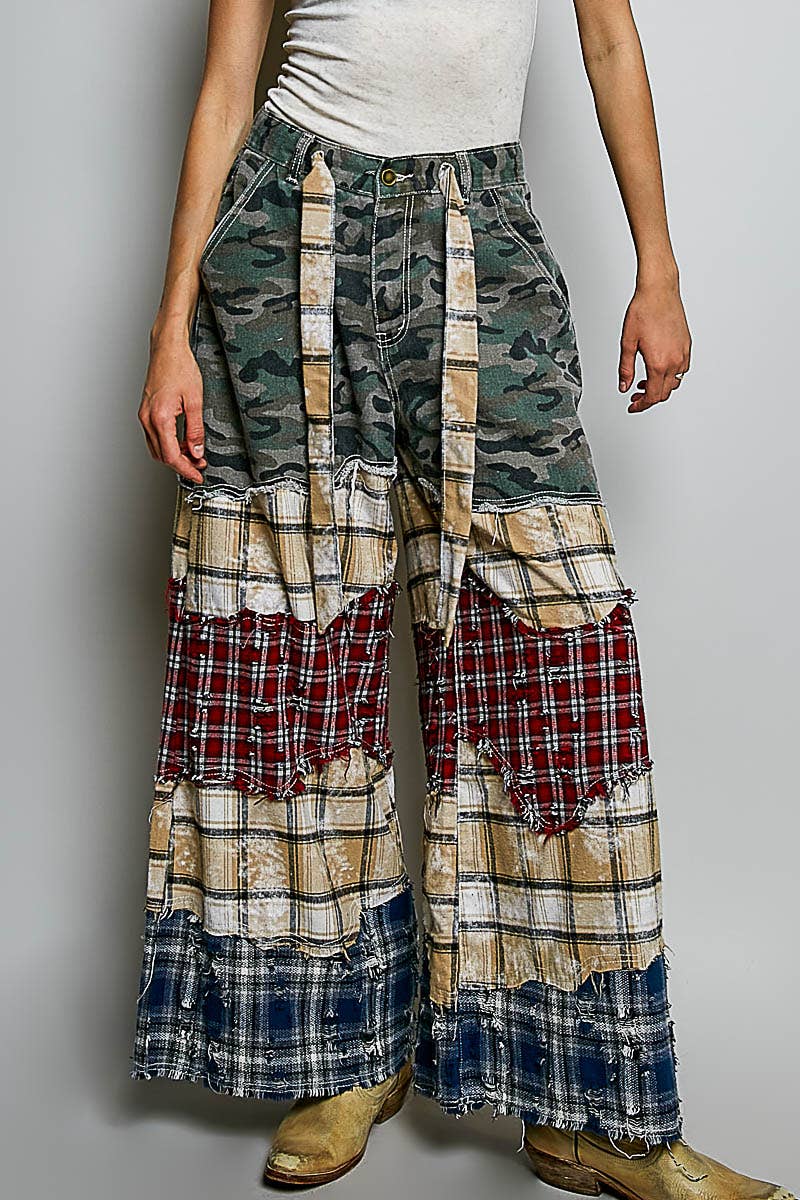 Patchwork buckle back pants