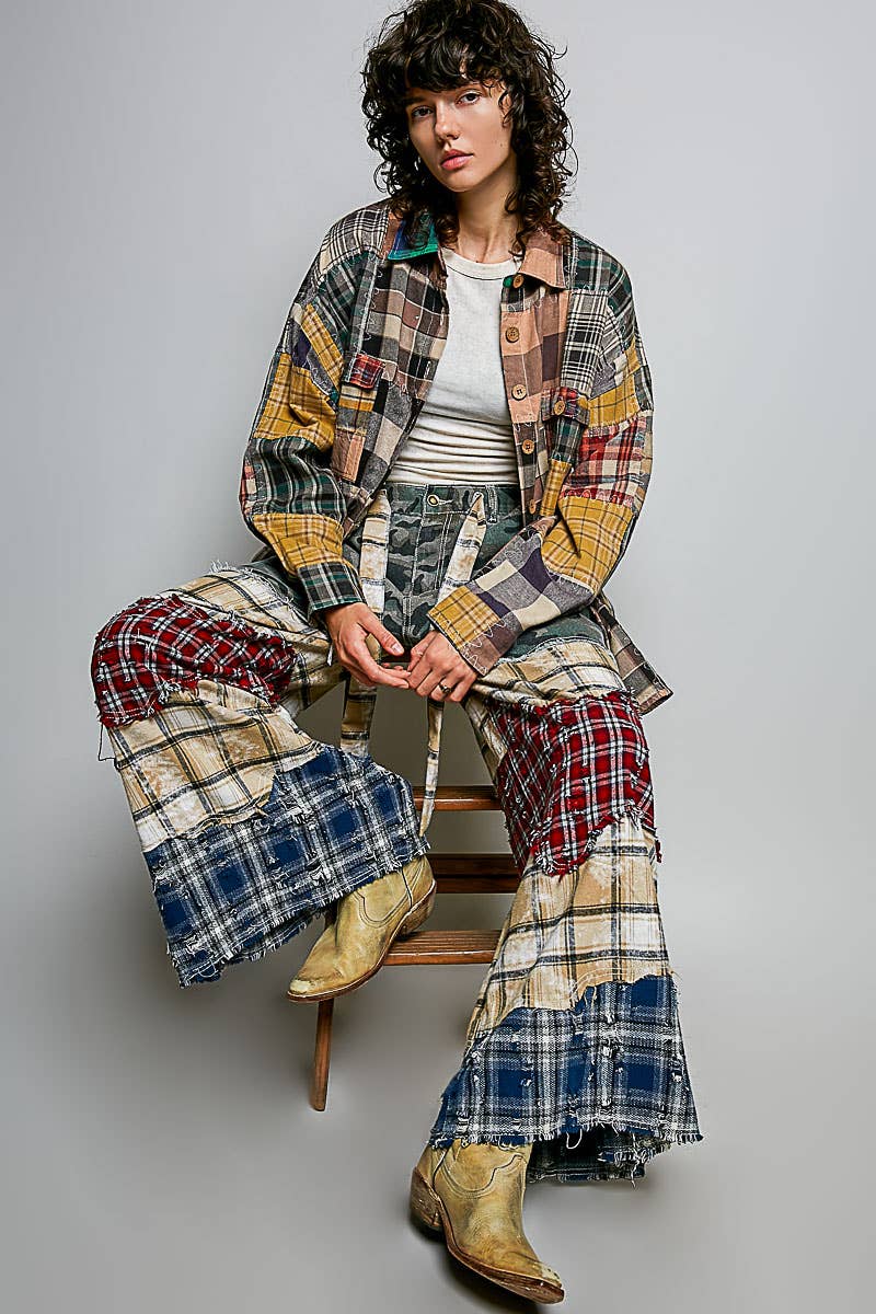 Patchwork buckle back pants