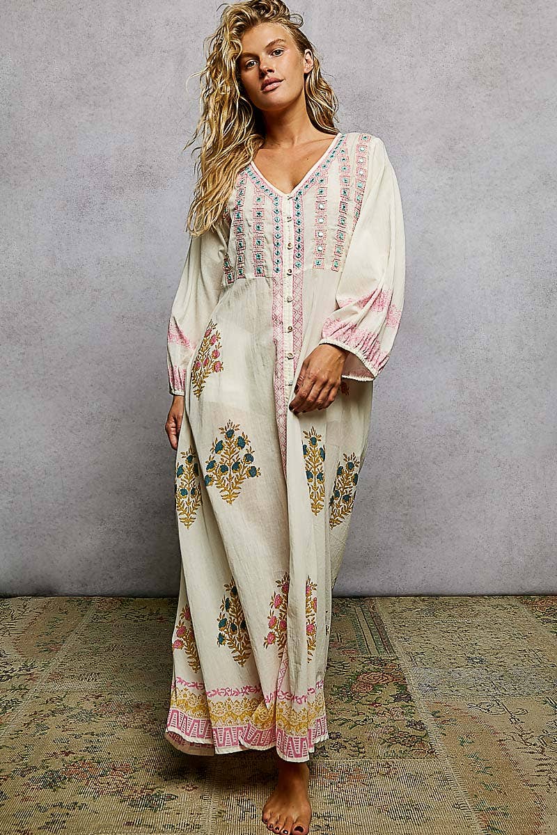 Embroidered Balloon Sleeve Maxi Dress