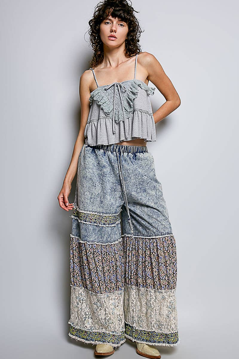 Floral Embroidered Ruffle Pants