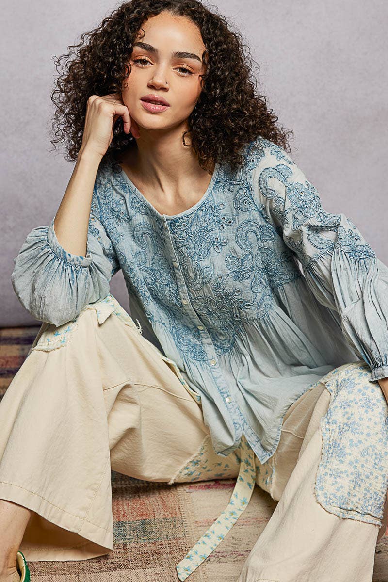 3/4 Sleeve Vintage Embroidered Top