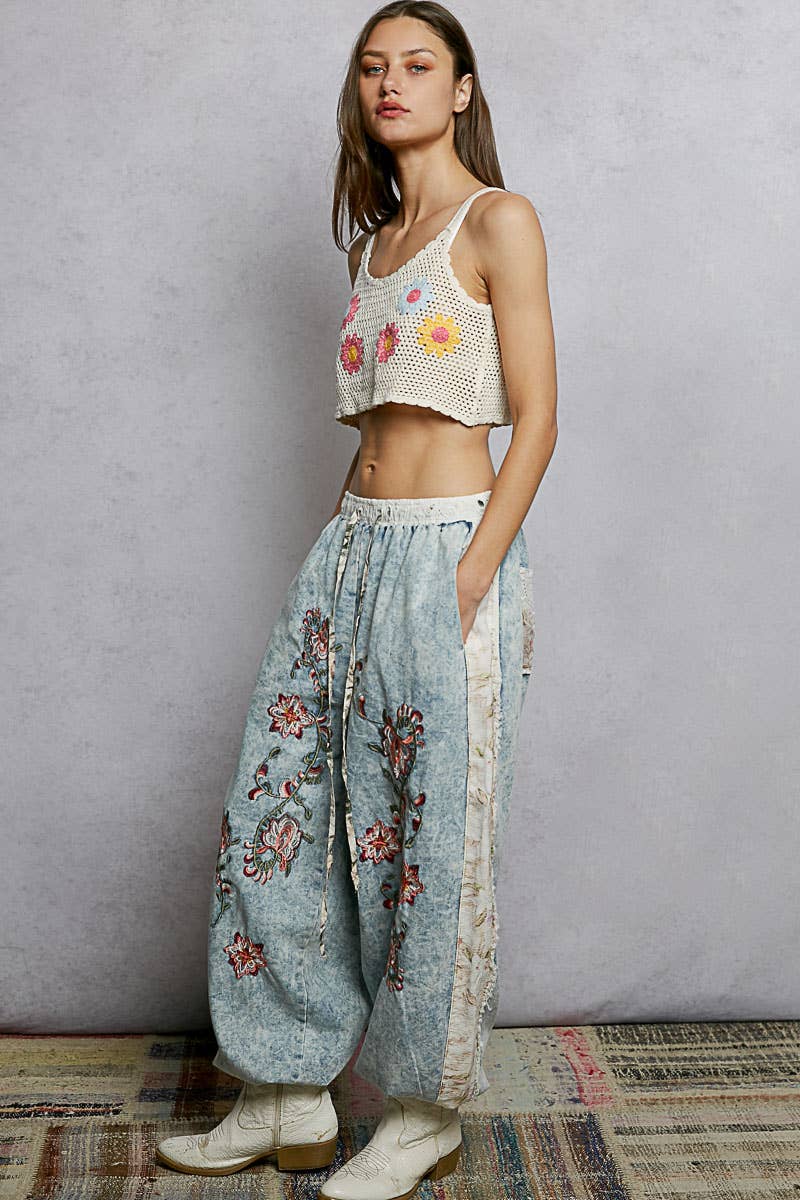 Floral Embroidery Denim Jogger Pants