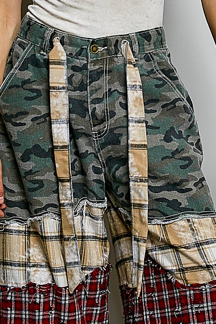 Patchwork buckle back pants