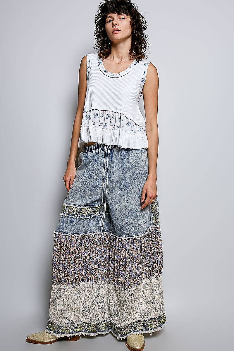 Floral Embroidered Ruffle Pants