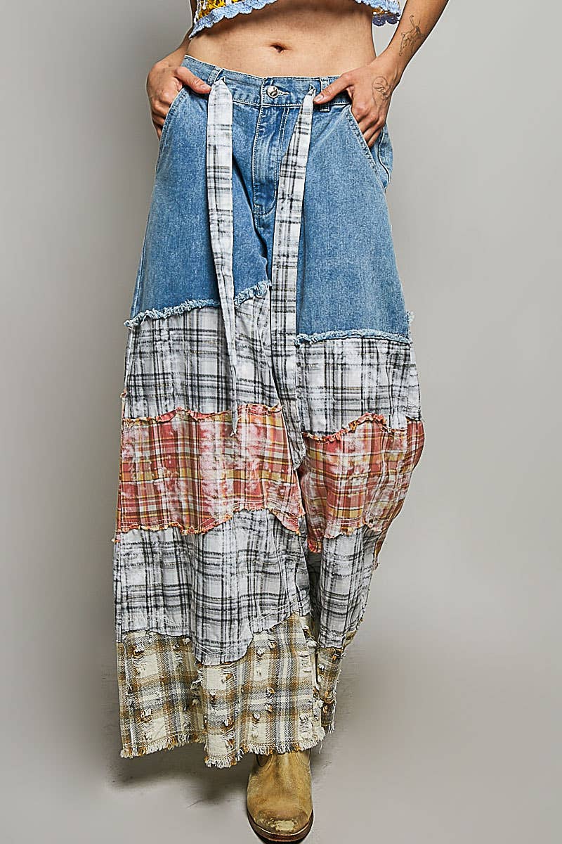 Patchwork buckle back pants