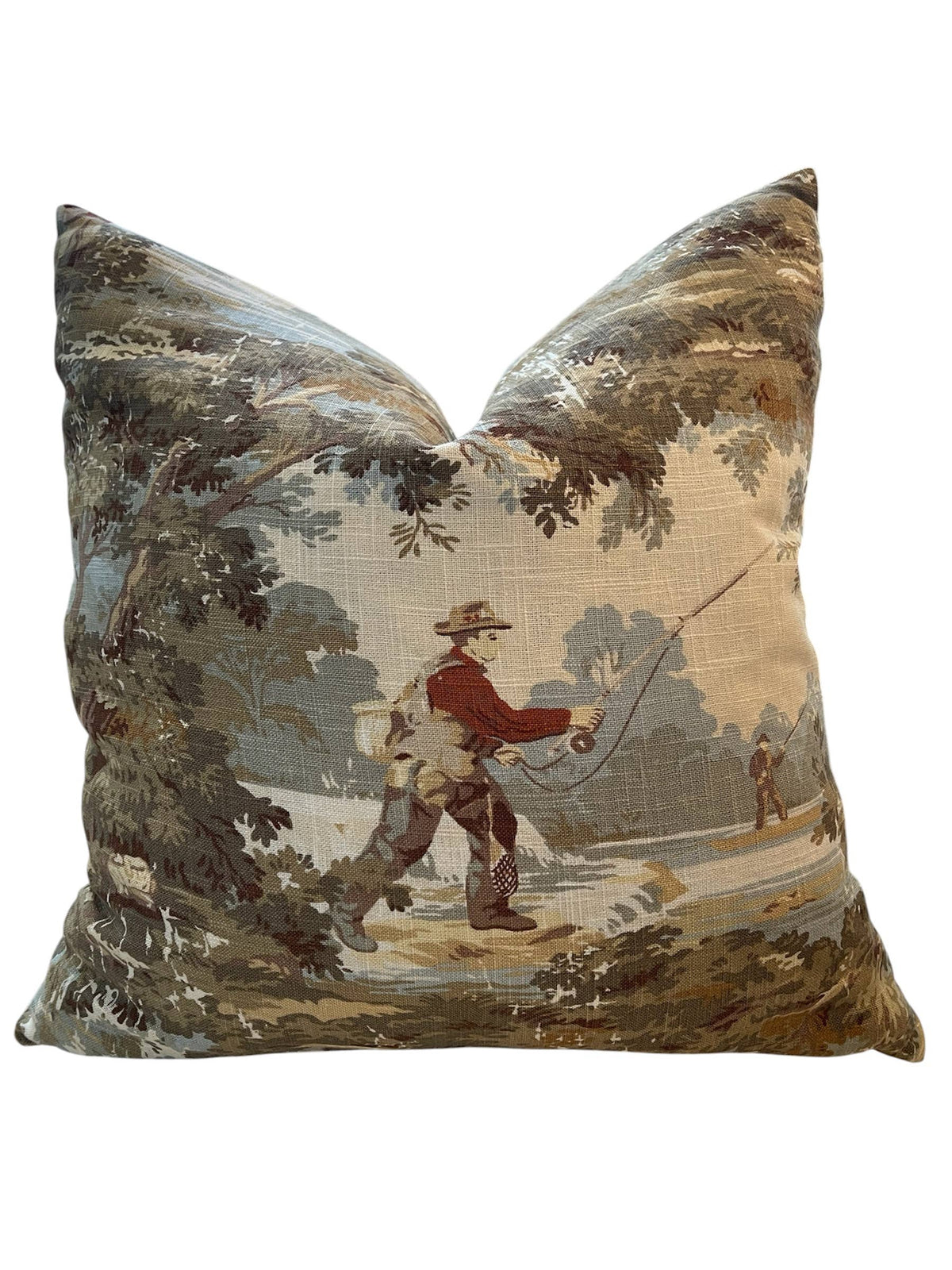Lorna Fishing Scene Throw Pillow with Feather Insert  