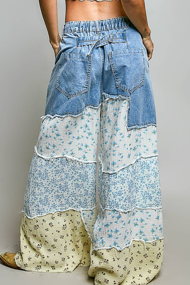 Patchwork buckle back pants