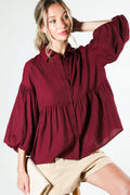 Balloon Sleeve Button-Up Blouse