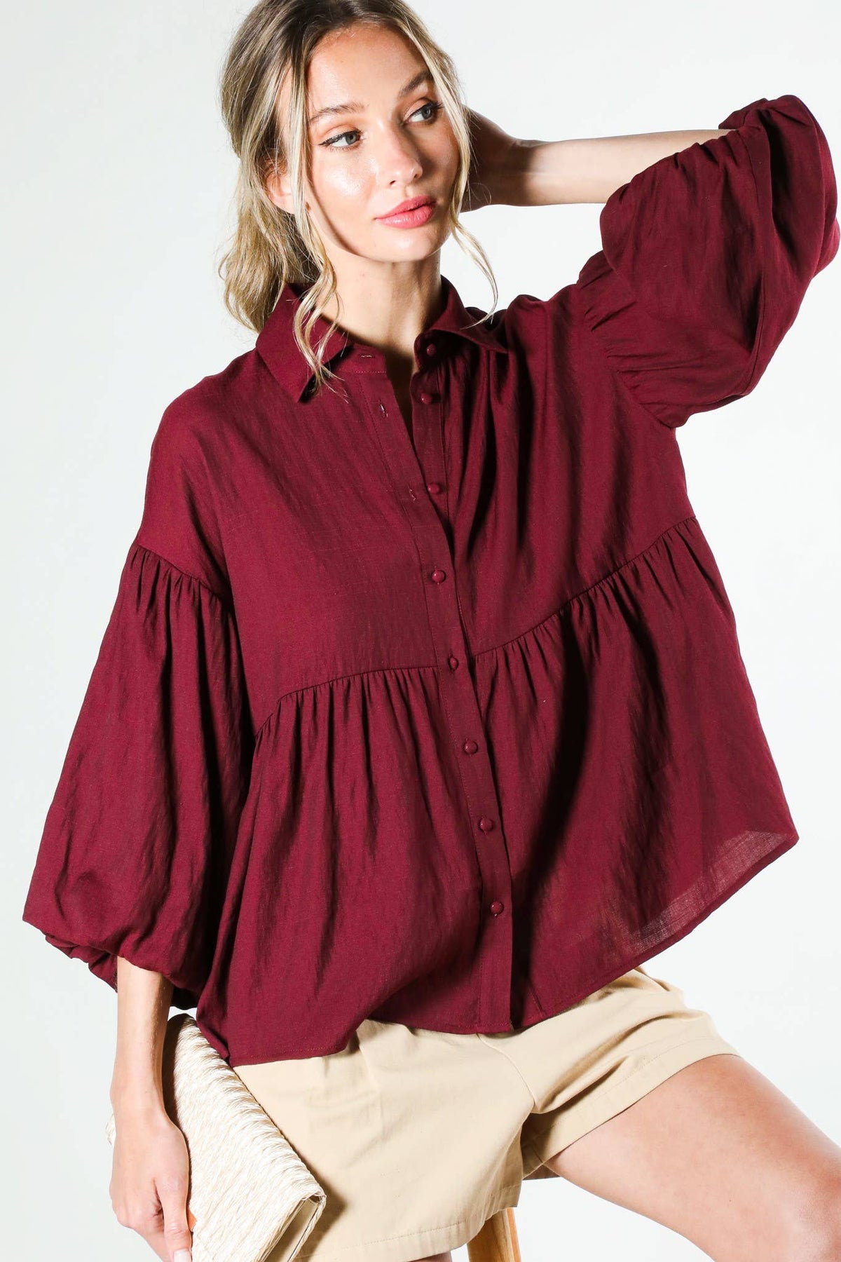 Balloon Sleeve Button-Up Blouse