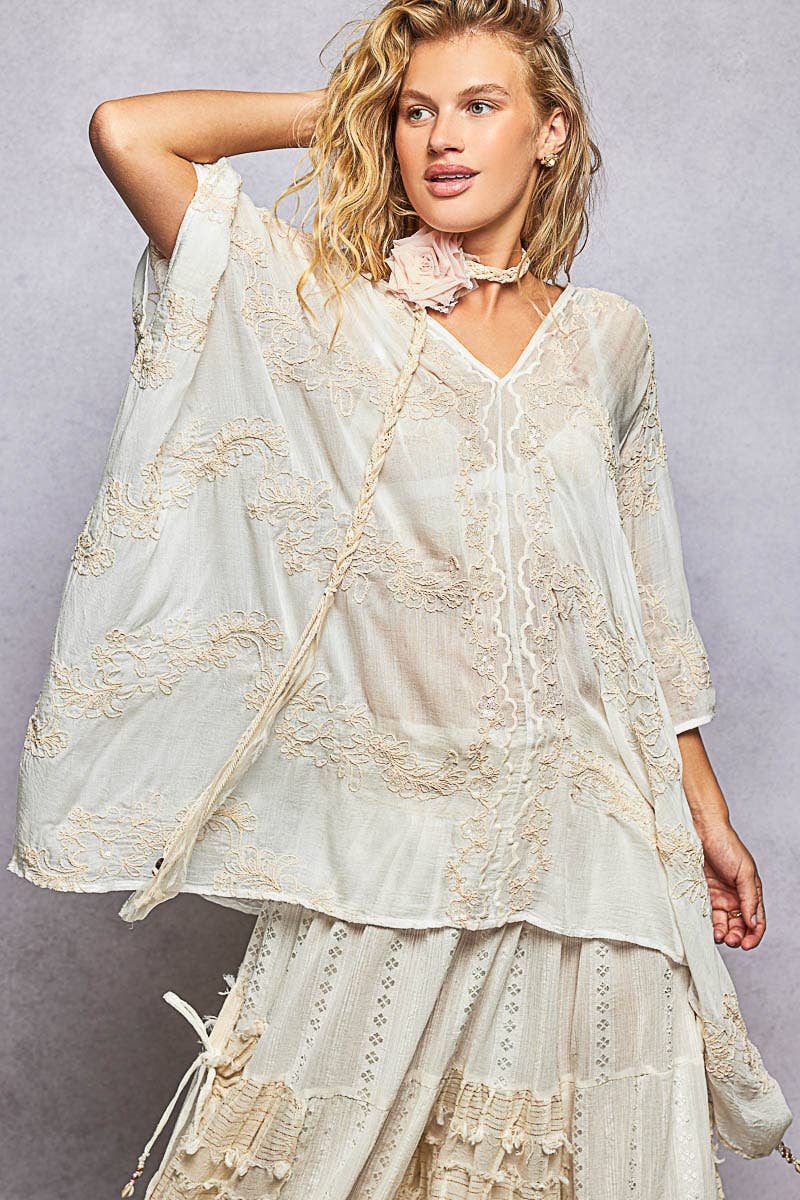V-Neck 3/4 Sleeve Embroidered Kimono Top with Back Tassel