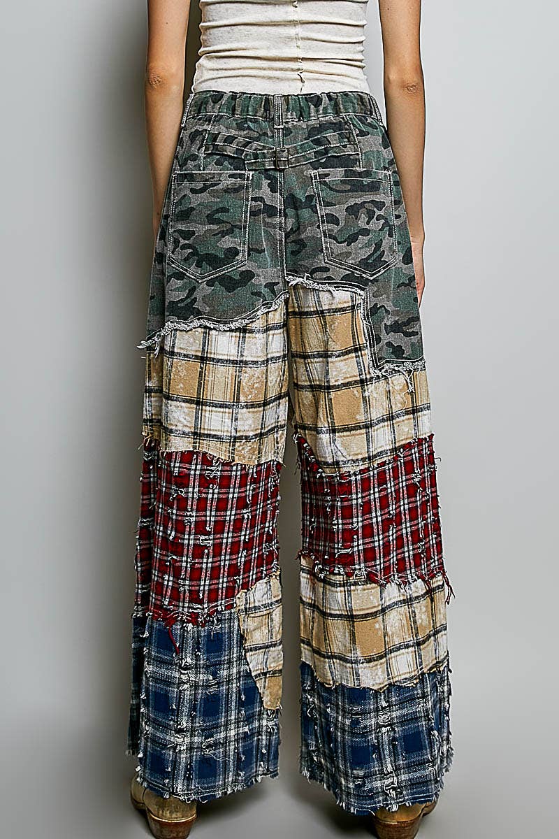 Patchwork buckle back pants