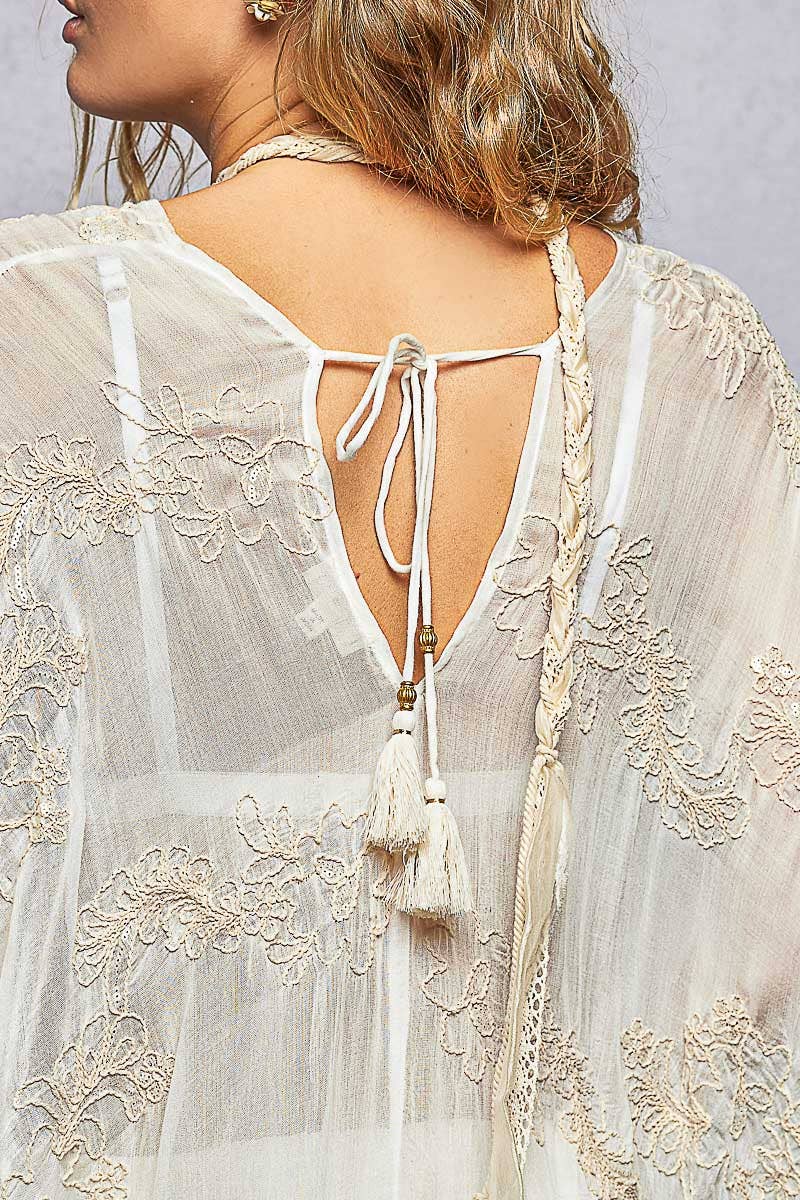 V-Neck 3/4 Sleeve Embroidered Kimono Top with Back Tassel