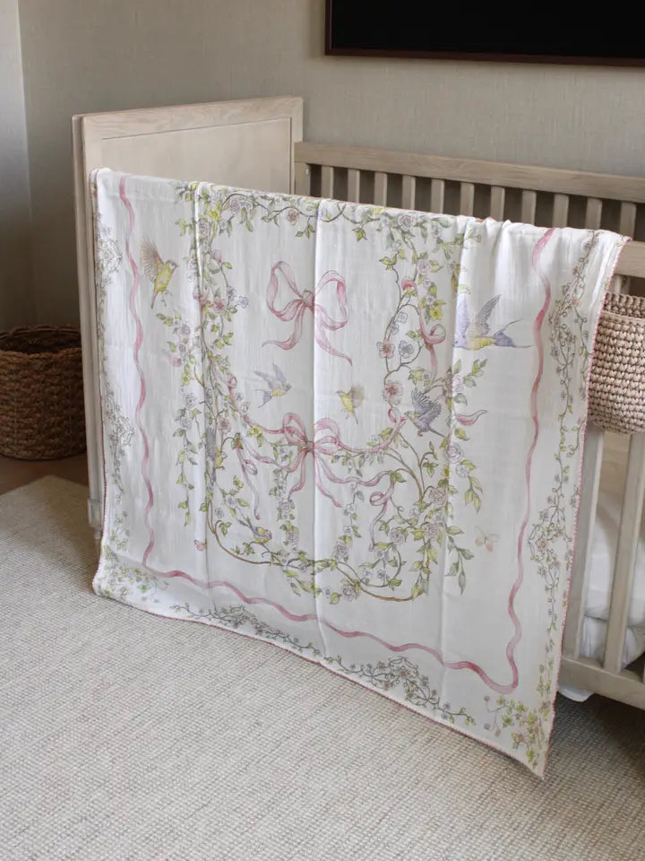 Rose Ribbon Garden Muslin Baby Blanket