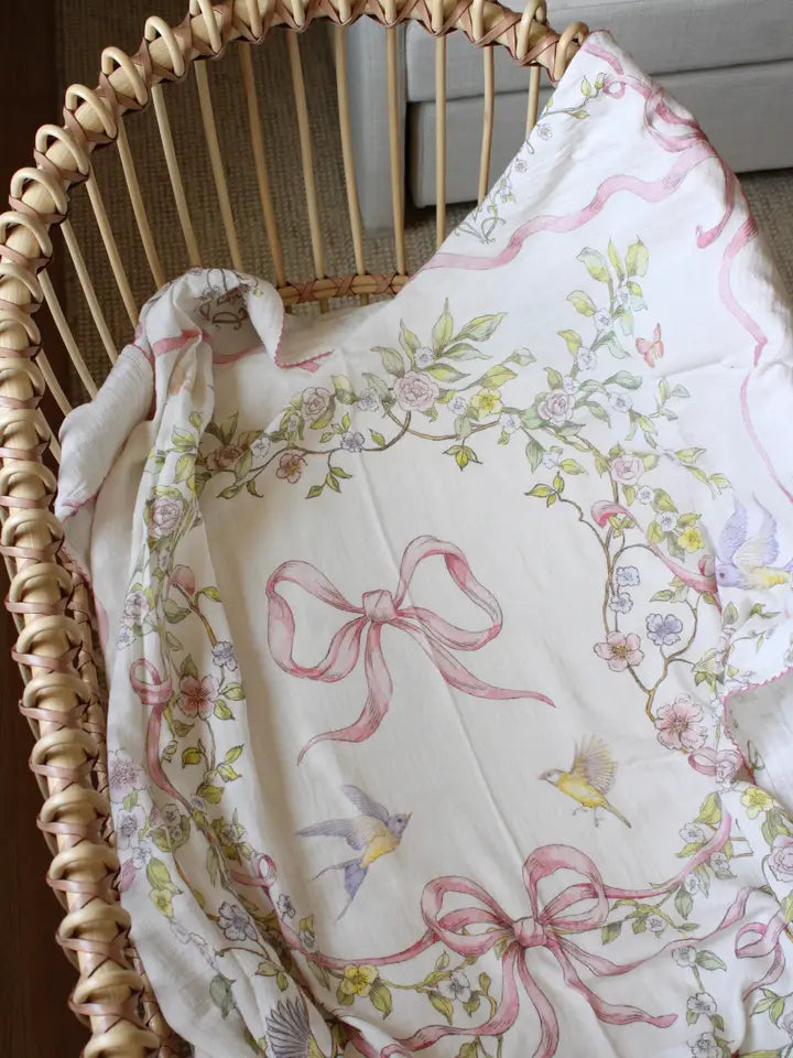 Rose Ribbon Garden Muslin Baby Blanket
