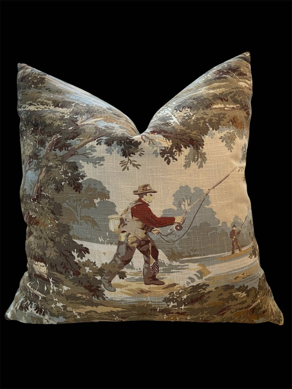 Lorna Fishing Scene Throw Pillow with Feather Insert  