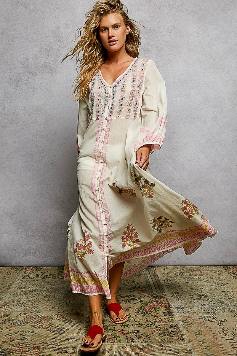Embroidered Balloon Sleeve Maxi Dress