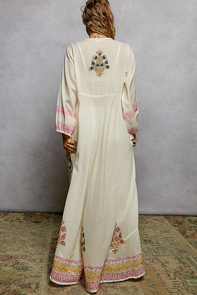 Embroidered Balloon Sleeve Maxi Dress