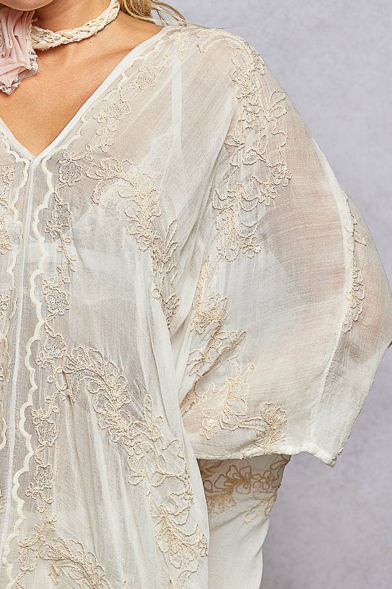 V-Neck 3/4 Sleeve Embroidered Kimono Top with Back Tassel
