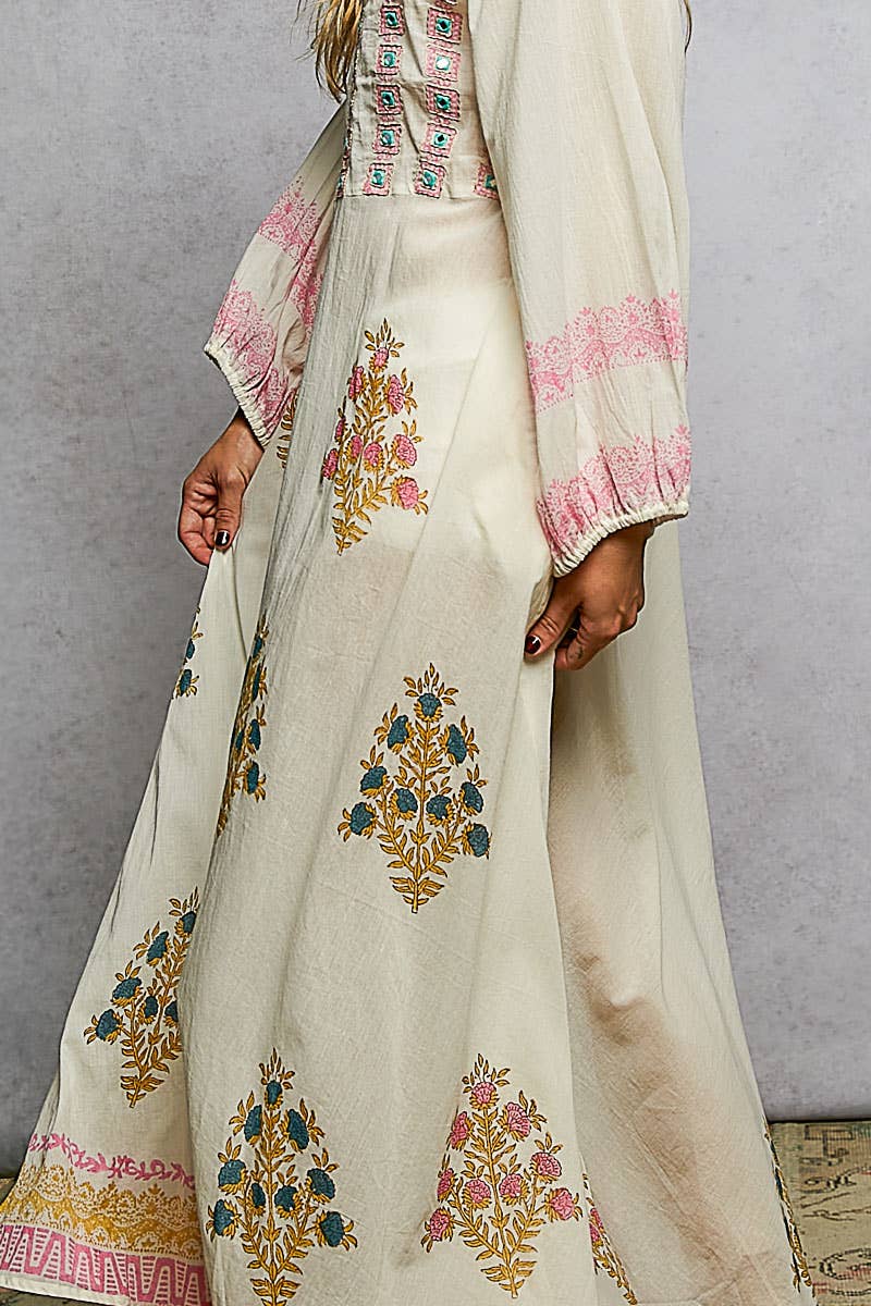 Embroidered Balloon Sleeve Maxi Dress