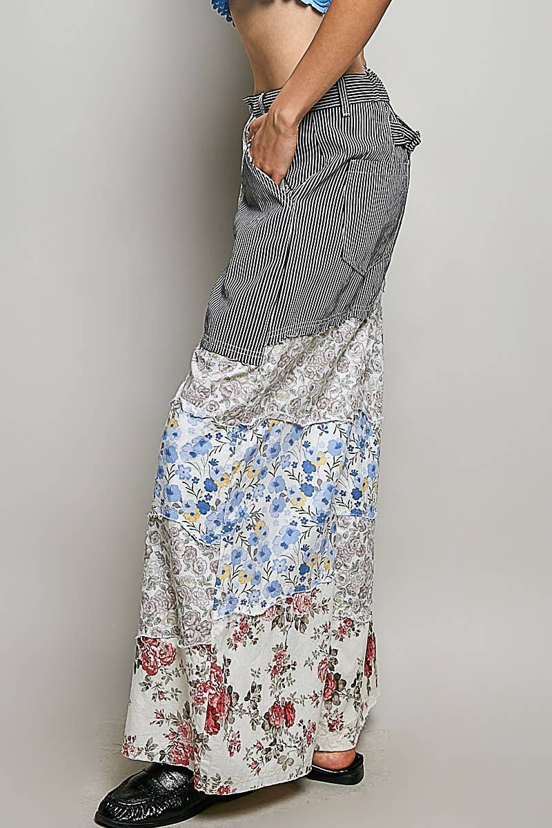 Patchwork buckle back pants