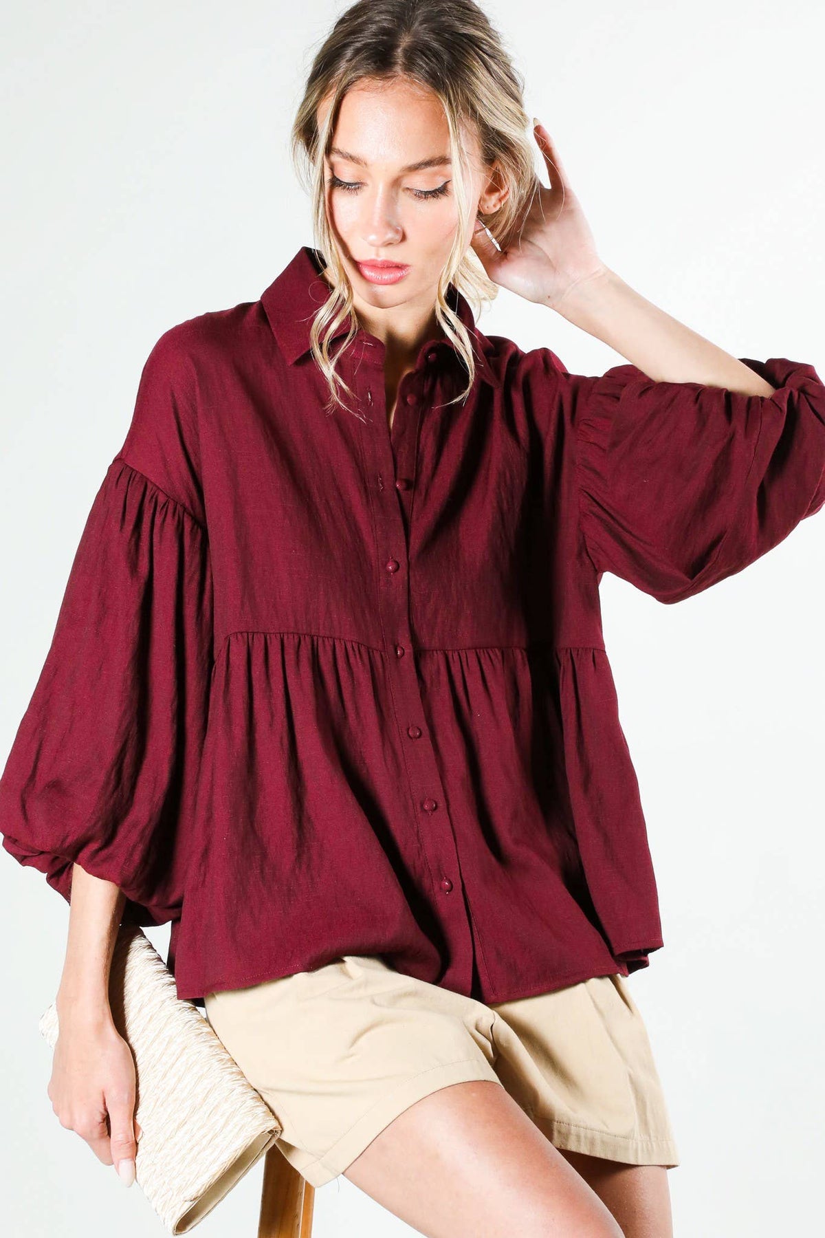 Balloon Sleeve Button-Up Blouse