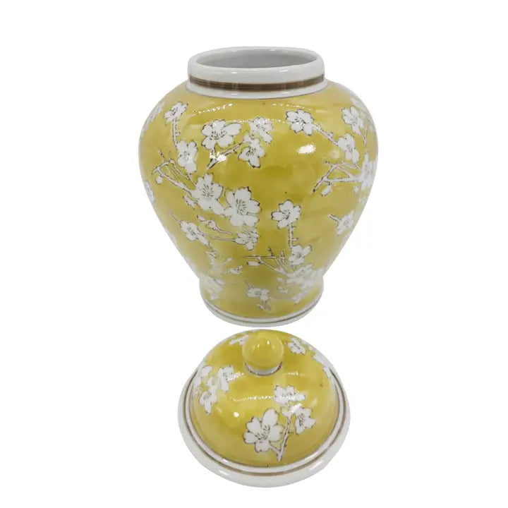Yellow & White Ceramic Chinoiserie Jar