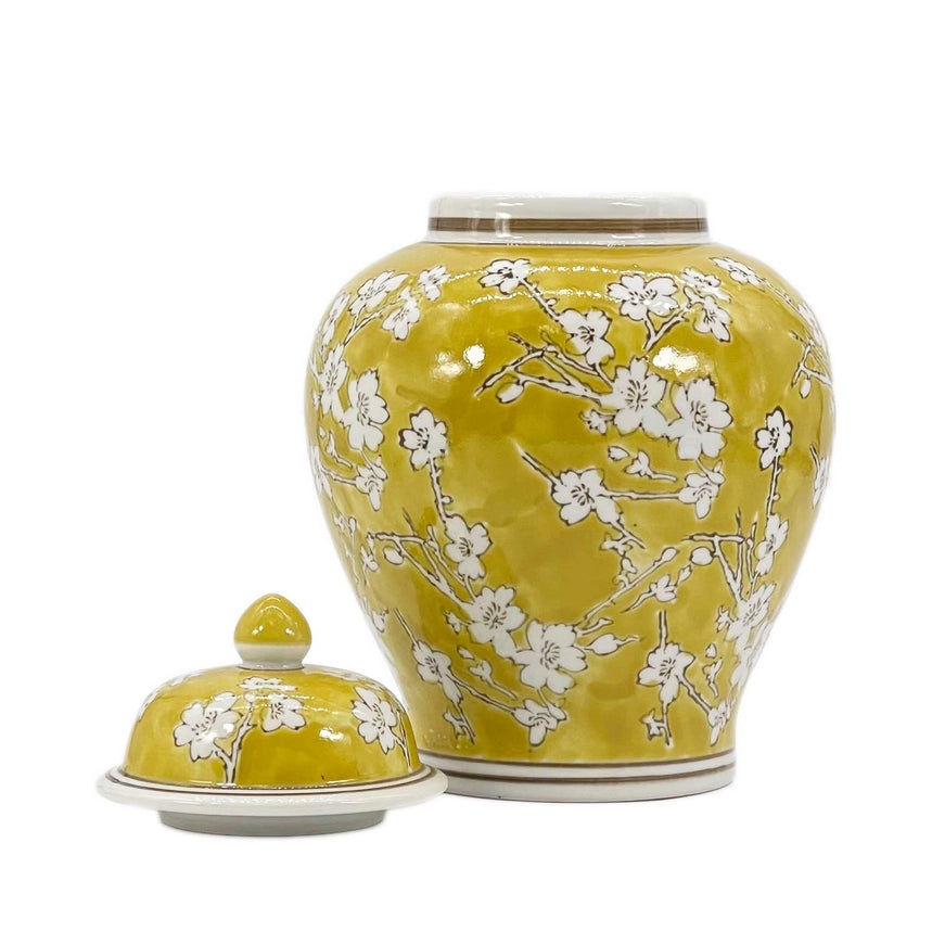 Yellow & White Ceramic Chinoiserie Jar