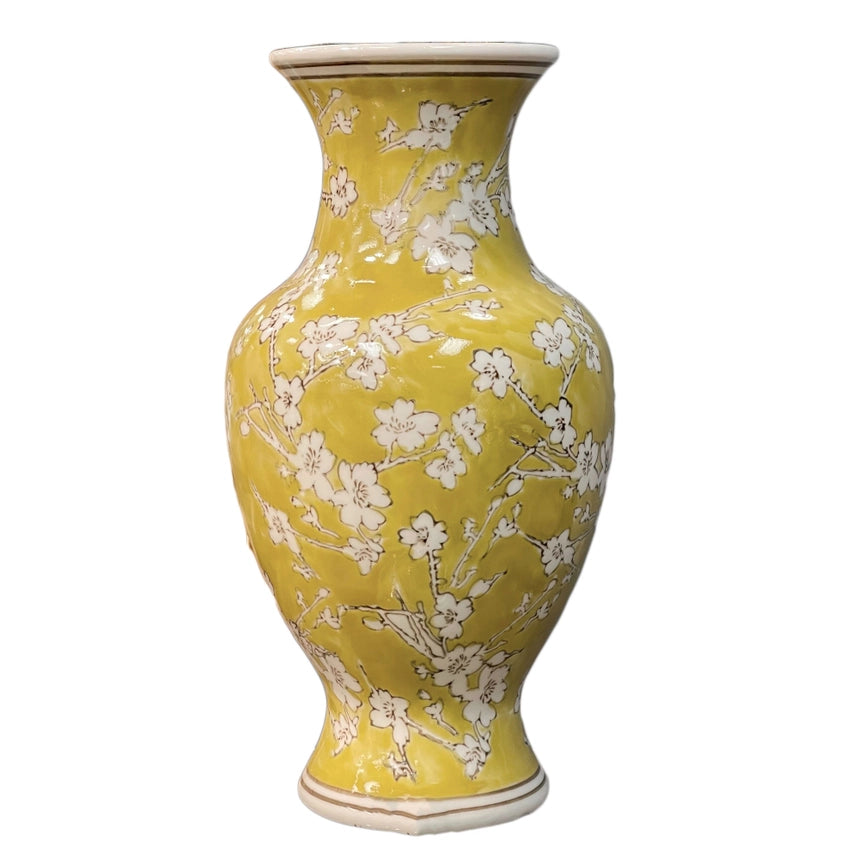 Yellow & White Ceramic Chinoiserie Vase 14"