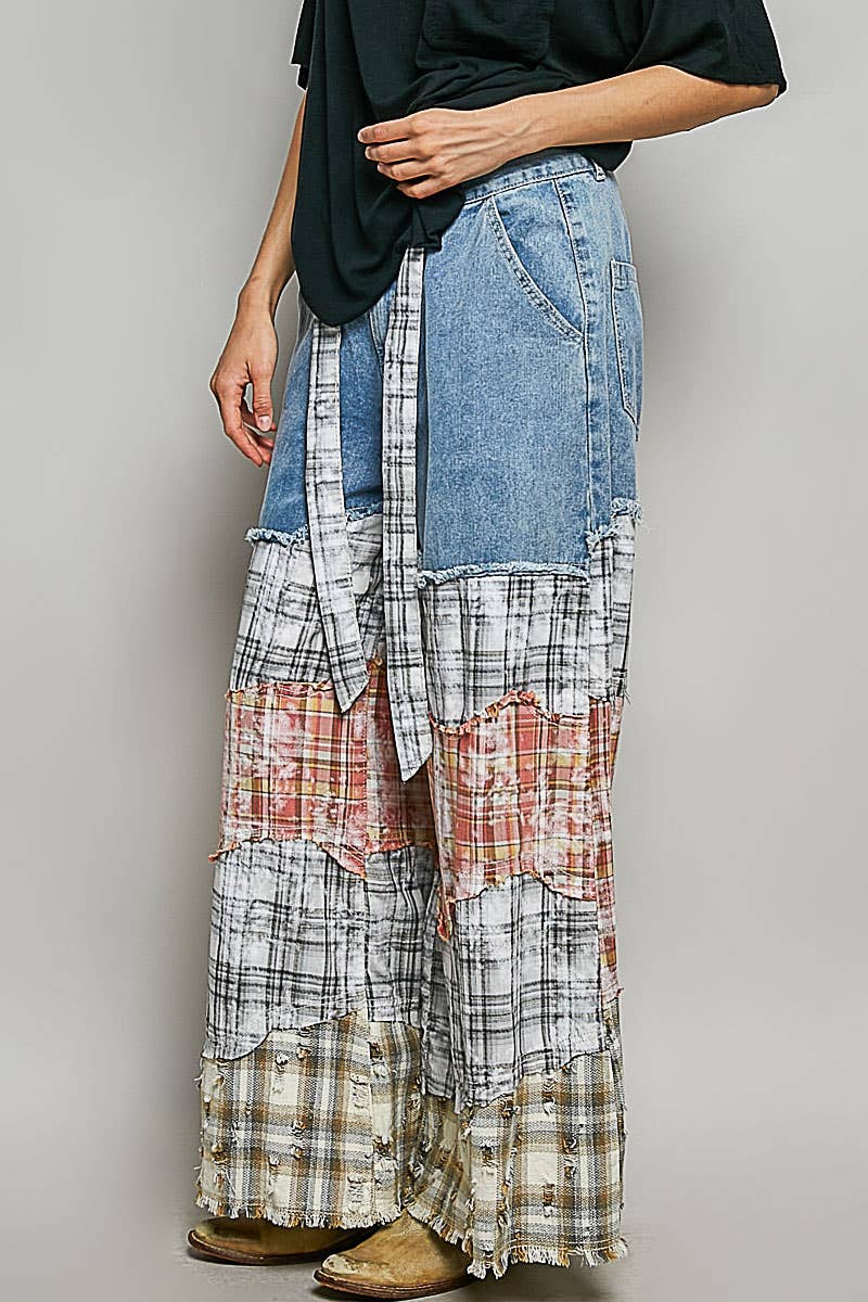 Patchwork buckle back pants