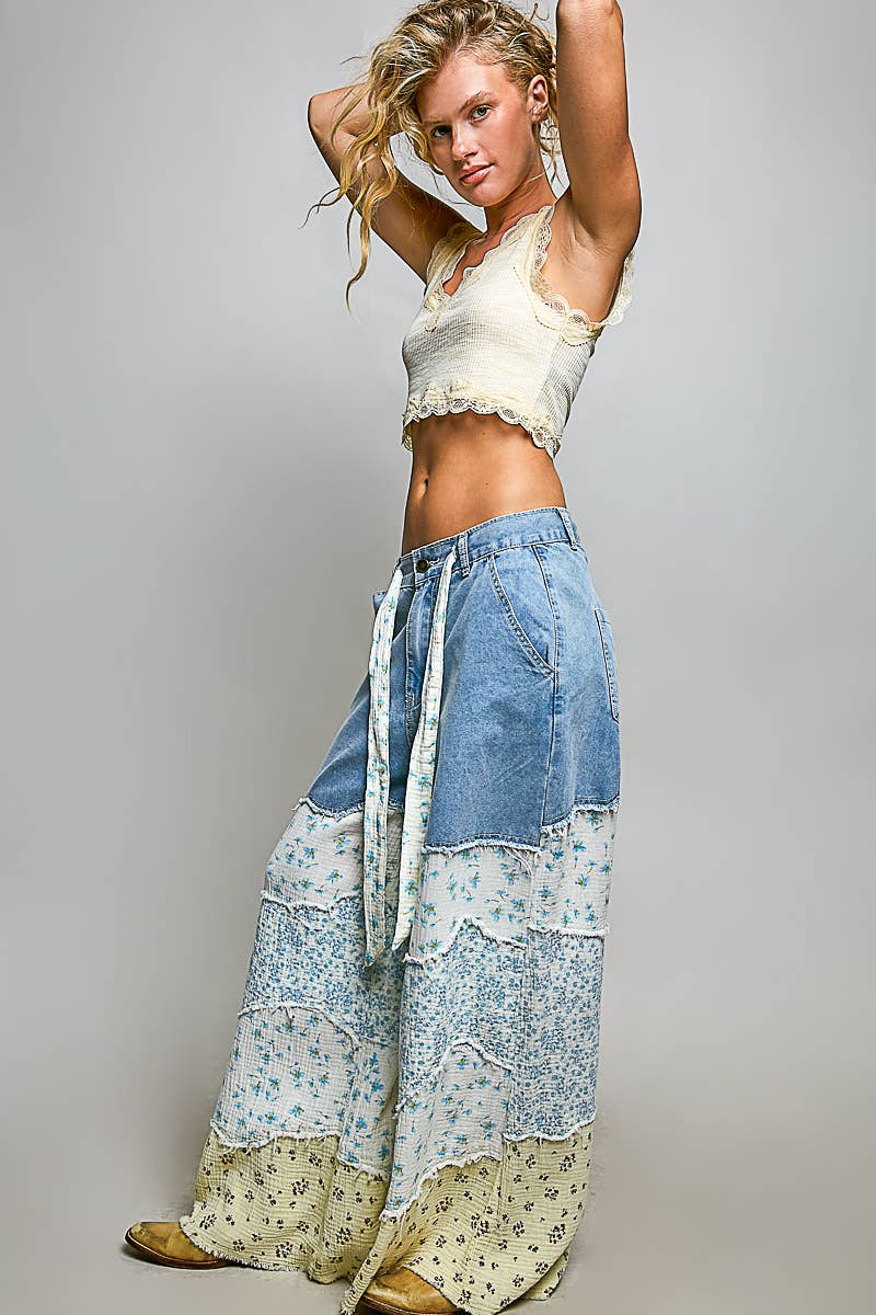 Patchwork buckle back pants