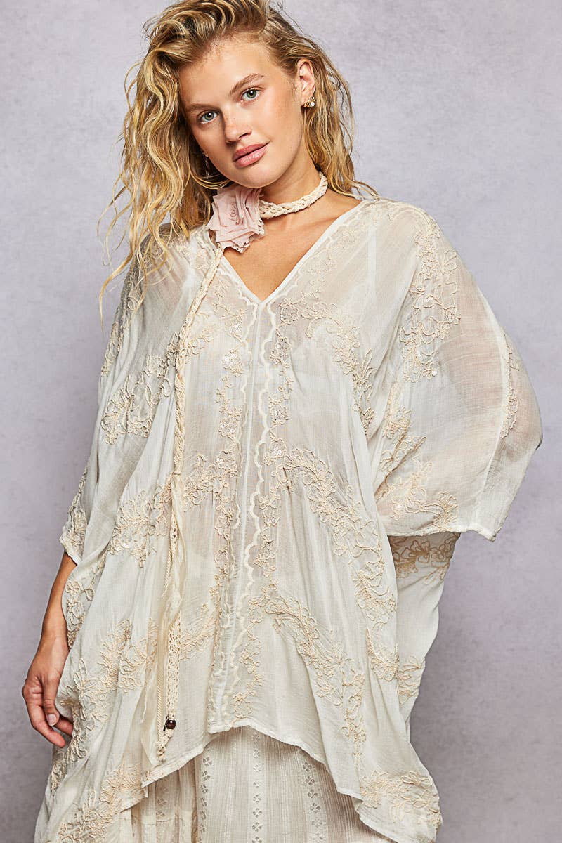 V-Neck 3/4 Sleeve Embroidered Kimono Top with Back Tassel