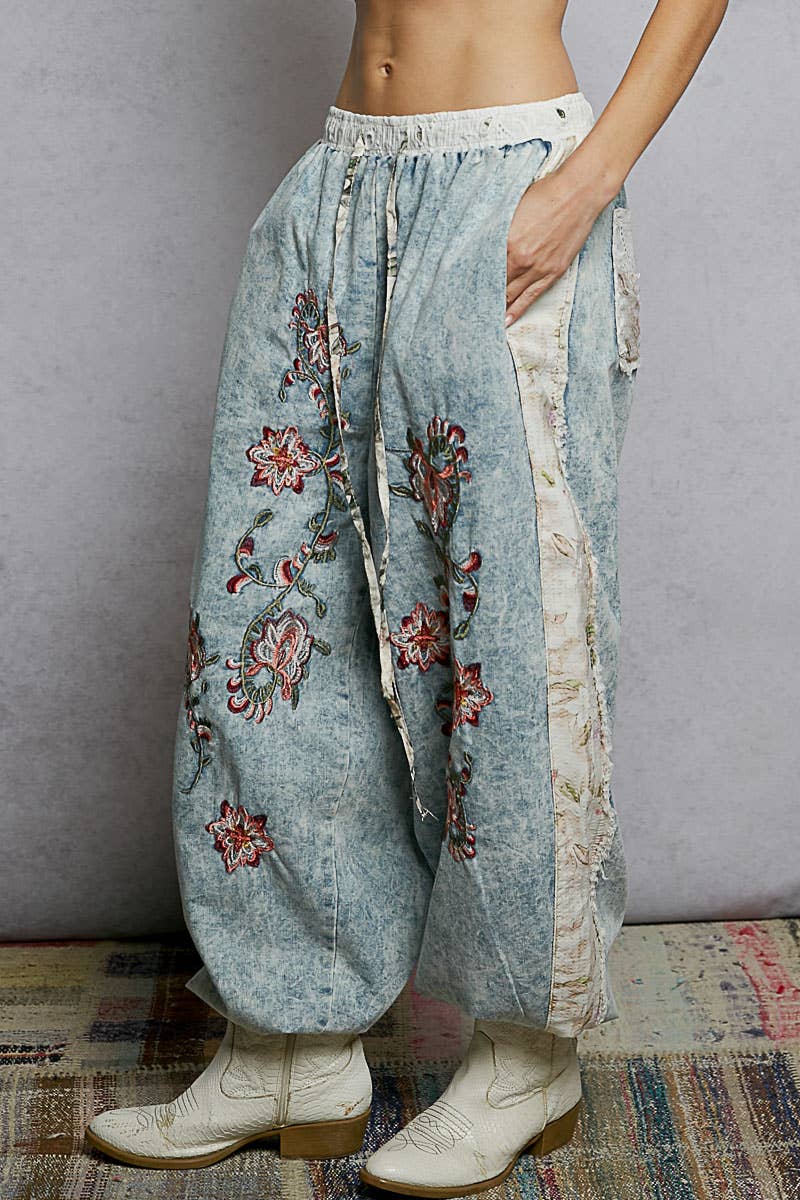Floral Embroidery Denim Jogger Pants