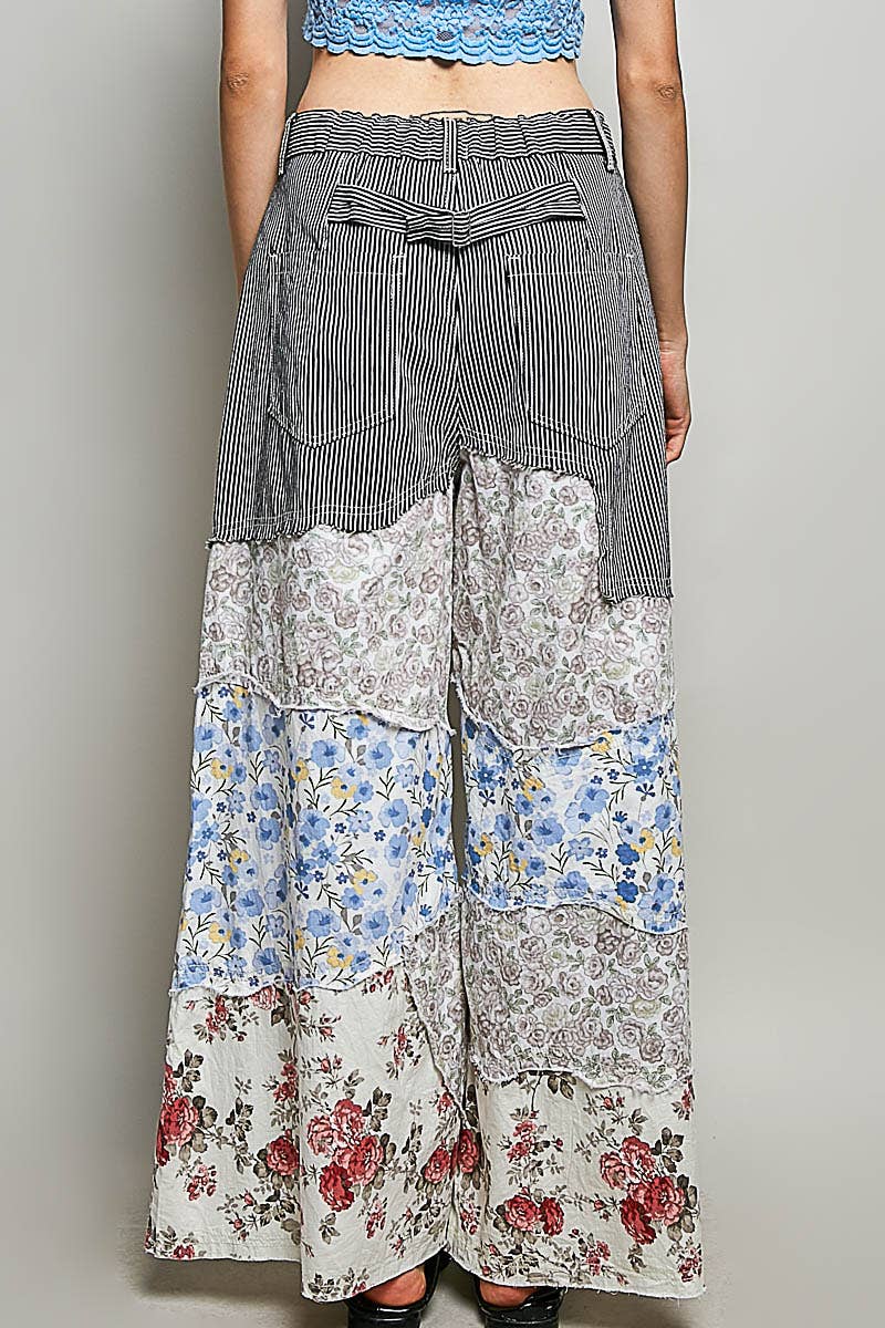 Patchwork buckle back pants