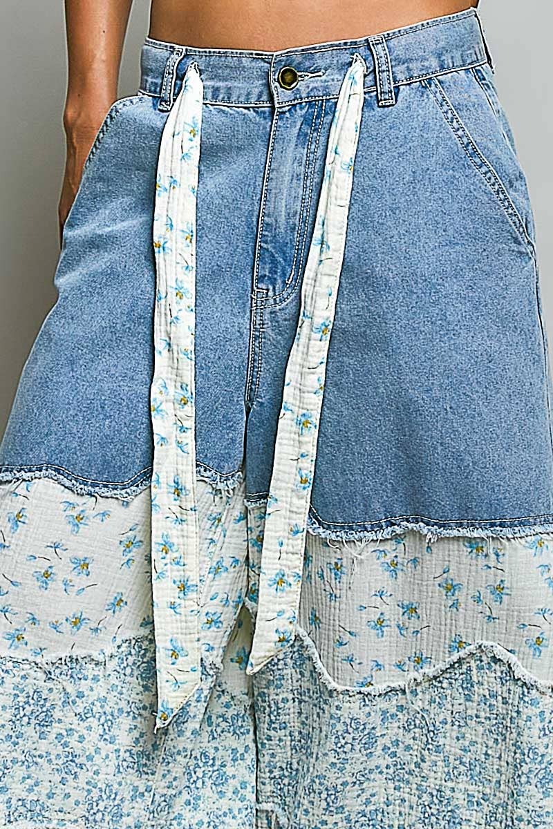 Patchwork buckle back pants